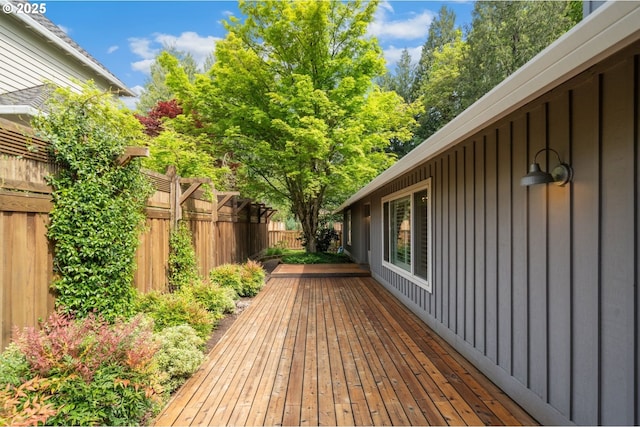 wooden terrace featuring a fenced backyard