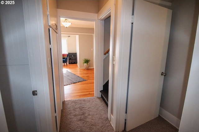 hallway with light colored carpet