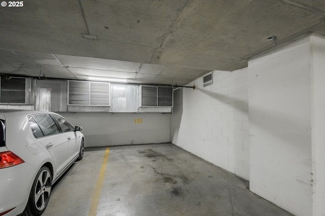 parking garage with concrete block wall