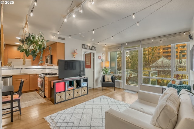 living area featuring track lighting, light wood-style floors, and visible vents