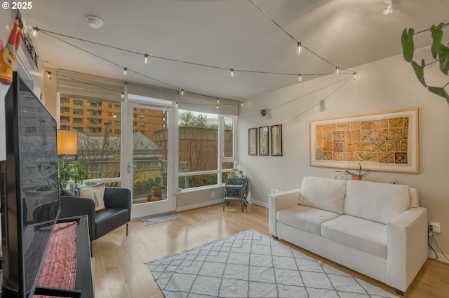 living area featuring track lighting, wood finished floors, and baseboards