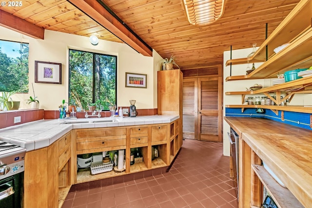 2696 Moon Mountain Dr, Eugene, OR 97403 - kitchen with open shelves, dark tile patterned floors, wooden ceiling, and stainless steel range