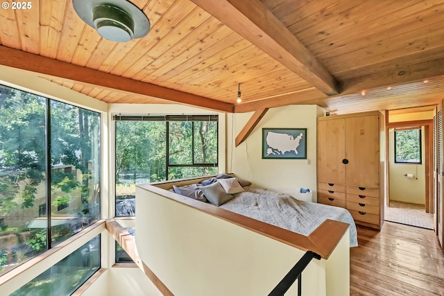 2696 Moon Mountain Dr, Eugene, OR 97403 - bedroom with hardwood / wood-style floors and a wooden ceiling with exposed beams