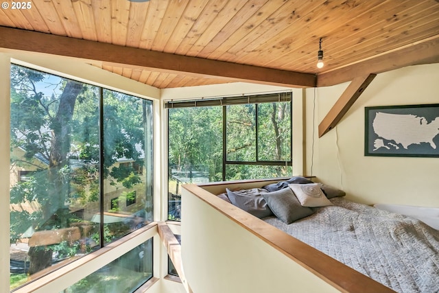 2696 Moon Mountain Dr, Eugene, OR 97403 - bedroom featuring a wooden ceiling with exposed beams