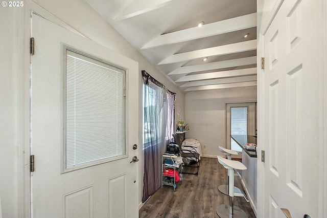 entryway featuring vaulted ceiling with beams, baseboards, and dark wood-style flooring