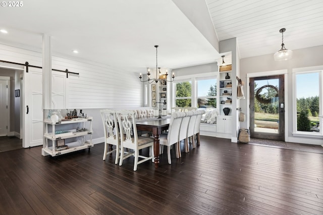 20265 SE Poco Ln, Amity, OR 97101 - dining space featuring a barn door, dark wood finished floors, recessed lighting, a chandelier, and baseboards