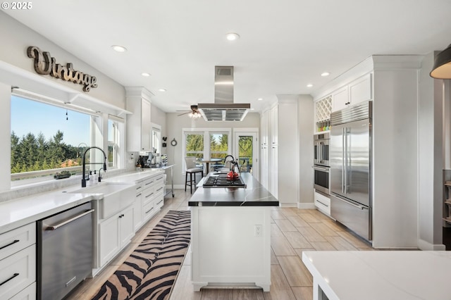 20265 SE Poco Ln, Amity, OR 97101 - kitchen with appliances with stainless steel finishes, a sink, a kitchen island, white cabinets, and island exhaust hood