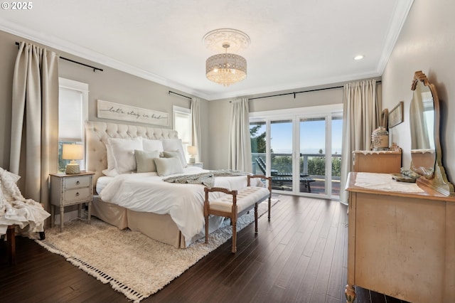 20265 SE Poco Ln, Amity, OR 97101 - bedroom with crown molding, access to outside, dark wood-style flooring, a chandelier, and recessed lighting