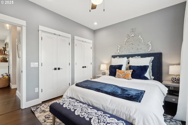 20265 SE Poco Ln, Amity, OR 97101 - bedroom featuring two closets, wood finished floors, baseboards, recessed lighting, and ceiling fan
