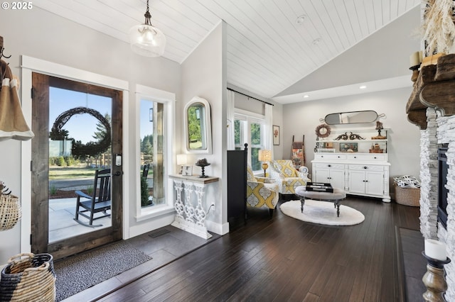 20265 SE Poco Ln, Amity, OR 97101 - entrance foyer featuring wooden ceiling, dark wood-style floors, and high vaulted ceiling