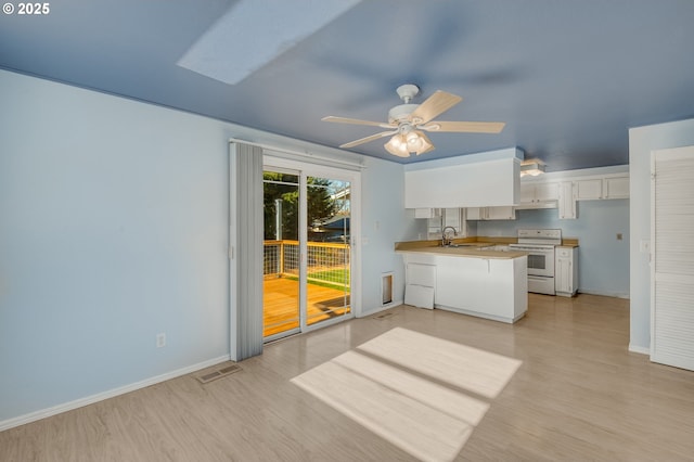 kitchen featuring sink, white electric range, light hardwood / wood-style flooring, white cabinetry, and kitchen peninsula