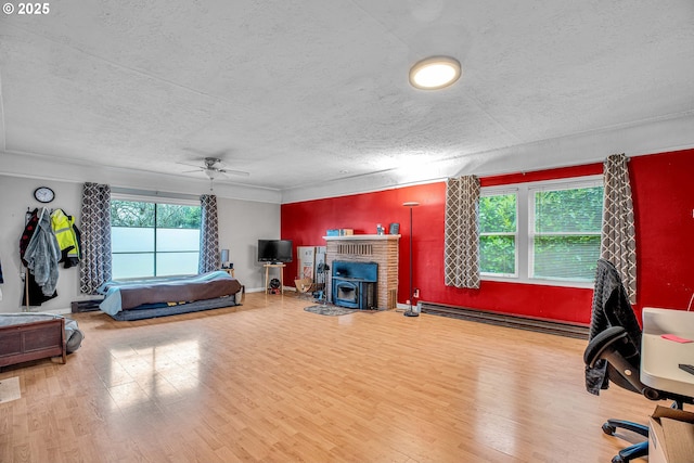 bedroom with multiple windows, a baseboard heating unit, and light hardwood / wood-style floors