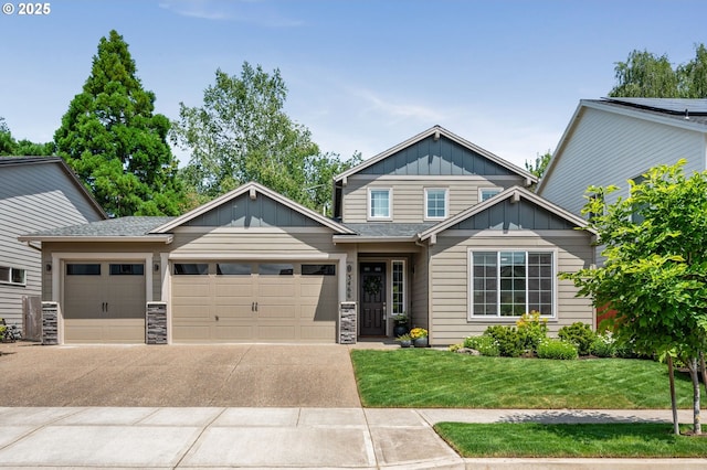 3466 N Holladay St, Cornelius, OR 97124 - view of front facade featuring an attached garage, board and batten siding, concrete driveway, a front lawn, and stone siding