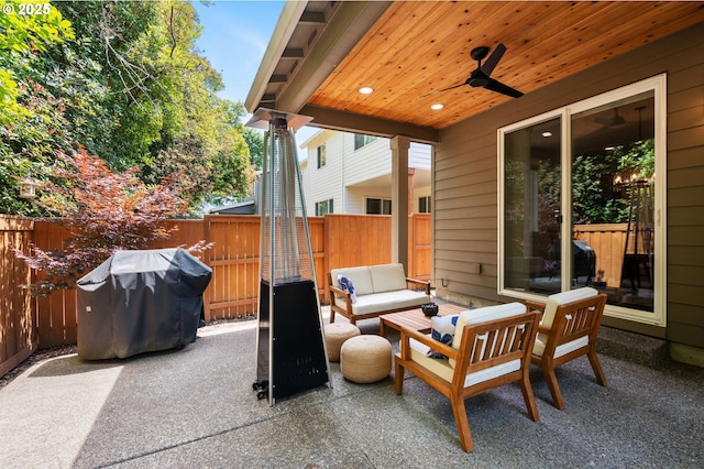 3466 N Holladay St, Cornelius, OR 97124 - fenced backyard featuring a patio, area for grilling, outdoor lounge area, and a ceiling fan