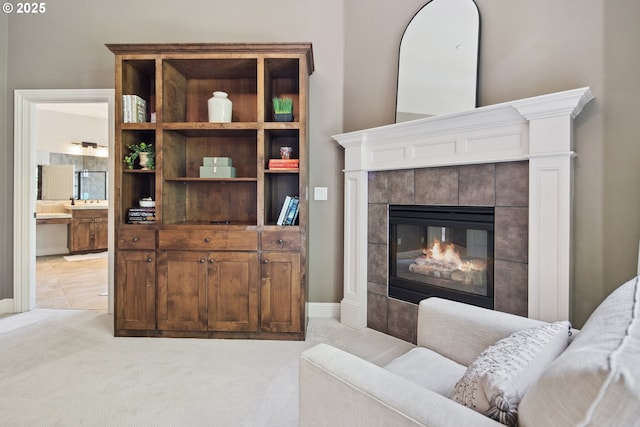 3534 NW Maple St, Camas, WA 98607 - living room featuring light carpet and a fireplace