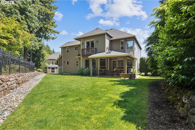 3534 NW Maple St, Camas, WA 98607 - back of house with a balcony, a shingled roof, a patio, and a sunroom