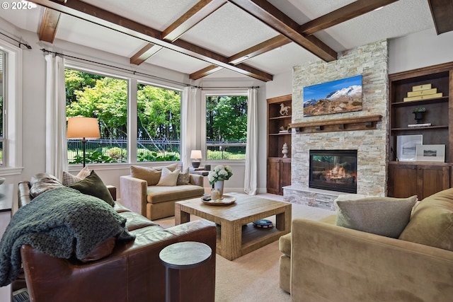 3534 NW Maple St, Camas, WA 98607 - carpeted living room with a stone fireplace, beam ceiling, coffered ceiling, and a textured ceiling