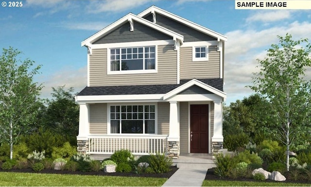 7773 NW Eleanor Ave, Portland, OR 97229 - craftsman inspired home featuring covered porch, stone siding, and roof with shingles