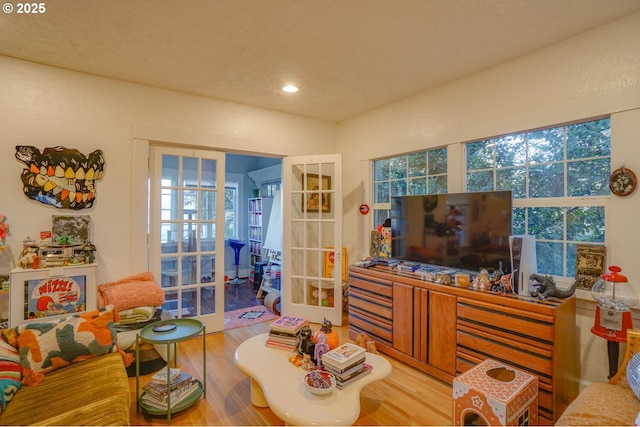 living room with hardwood / wood-style flooring and french doors