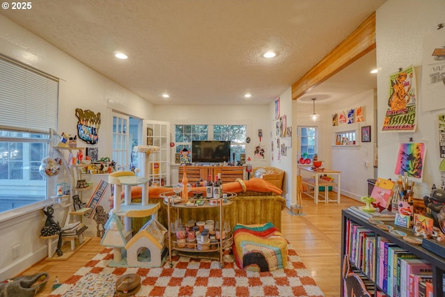 playroom featuring a textured ceiling and light hardwood / wood-style floors