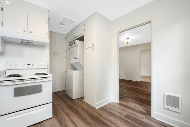 kitchen featuring white cabinetry, stacked washer / dryer, white electric stove, and dark hardwood / wood-style floors