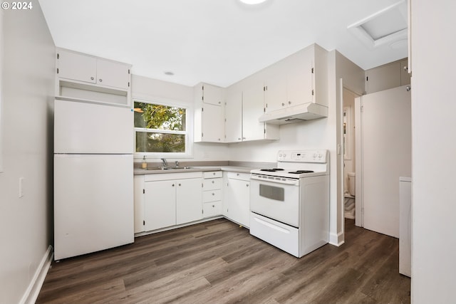 kitchen featuring sink, white appliances, white cabinets, and dark hardwood / wood-style flooring