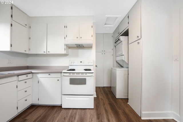 kitchen with dark wood-type flooring, white cabinetry, stacked washing maching and dryer, and white range with electric cooktop