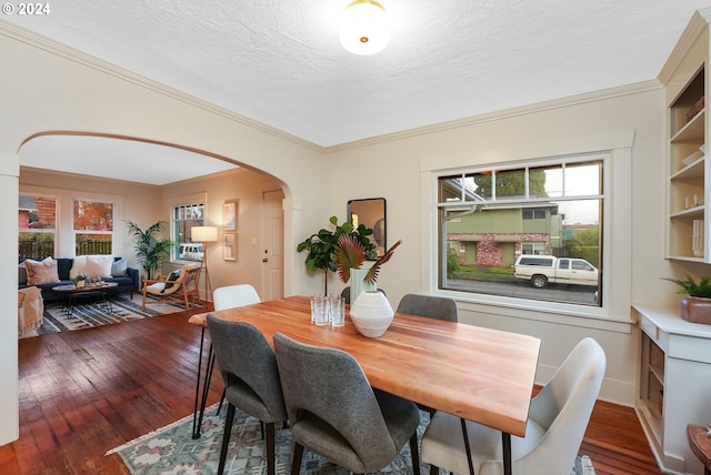 dining room with ornamental molding, dark wood-type flooring, and a textured ceiling