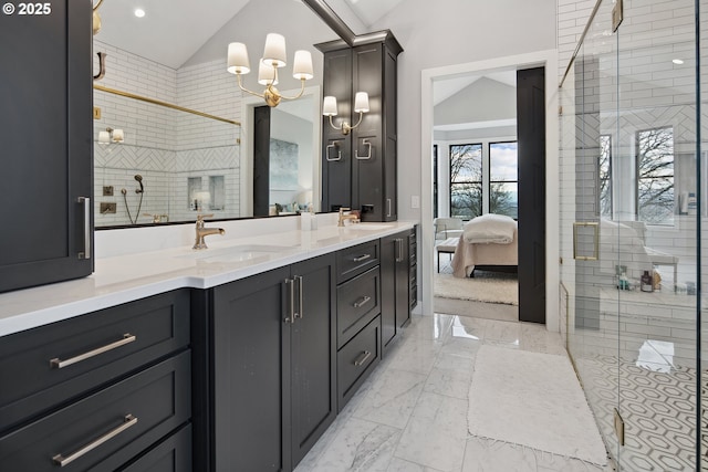 14014 NW 57th Ave, Vancouver, WA 98685 - full bath featuring lofted ceiling, a sink, a stall shower, and marble finish floor
