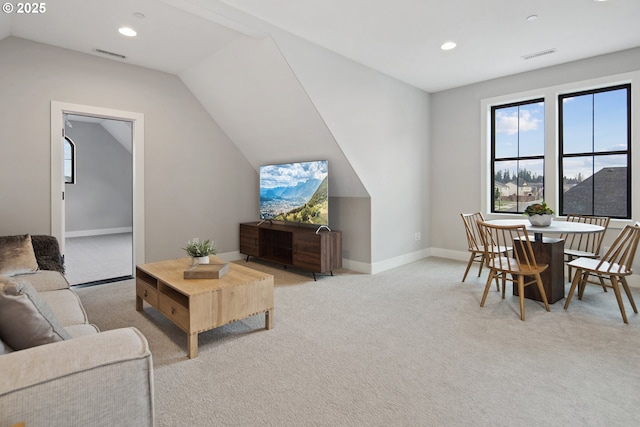 14014 NW 57th Ave, Vancouver, WA 98685 - living room featuring light colored carpet, vaulted ceiling, baseboards, visible vents, and recessed lighting