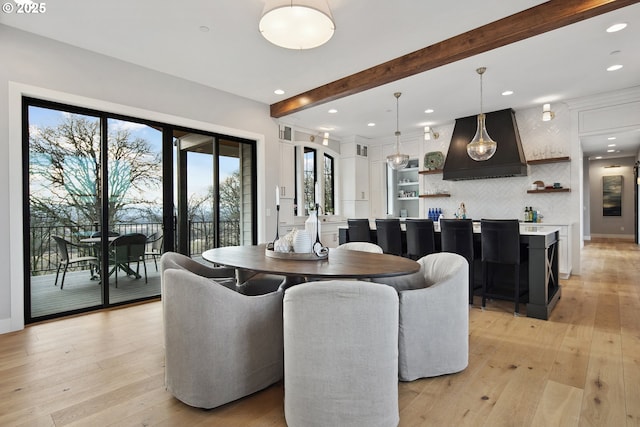 14014 NW 57th Ave, Vancouver, WA 98685 - dining room featuring recessed lighting, wet bar, light wood-style floors, and beamed ceiling