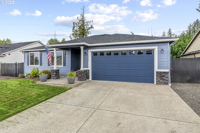 single story home with an attached garage, a shingled roof, fence, driveway, and stone siding