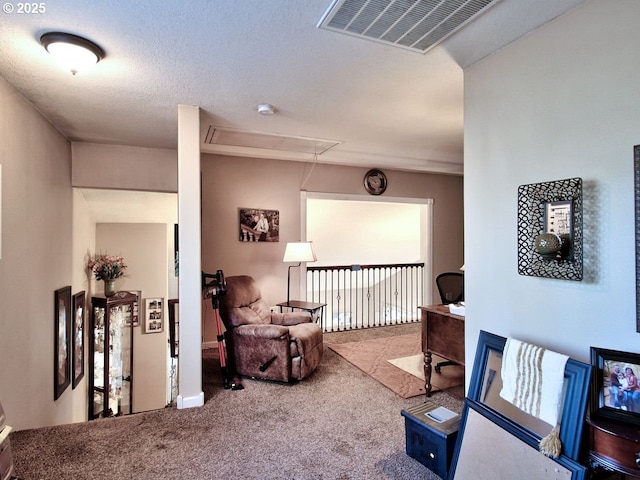 interior space with light carpet and a textured ceiling