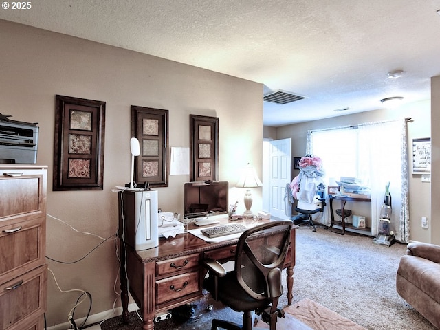 home office with light colored carpet and a textured ceiling