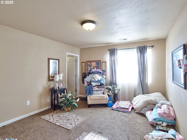 interior space featuring carpet floors and a textured ceiling