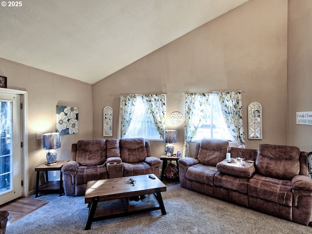 living room with high vaulted ceiling and carpet floors