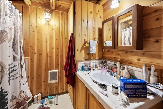 2128 Starveout Creek Rd, Azalea, OR 97410 - full bathroom with wooden walls, vanity, and wooden ceiling