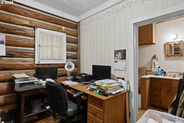 2128 Starveout Creek Rd, Azalea, OR 97410 - home office featuring rustic walls and wallpapered walls