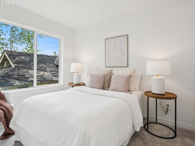 bedroom with carpet floors and baseboards