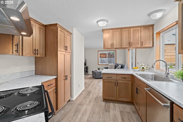 kitchen featuring dishwasher, a sink, range with electric stovetop, wall chimney exhaust hood, and light wood finished floors