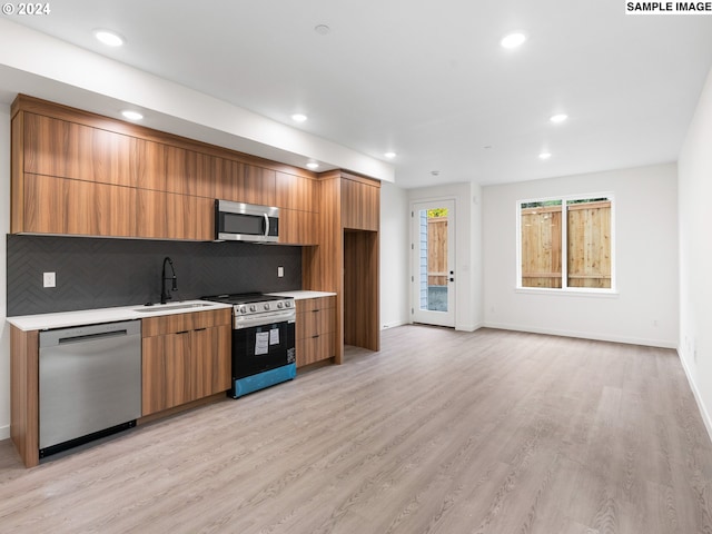 kitchen with backsplash, sink, light wood-type flooring, and appliances with stainless steel finishes