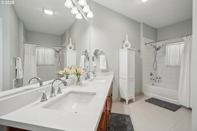 30326 SW Ruth St Unit 56, Wilsonville, OR 97070 - bathroom with shower / bathtub combination with curtain, double vanity, and tile patterned floors