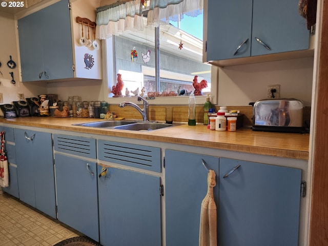 kitchen with sink and blue cabinetry