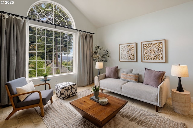 living room with high vaulted ceiling