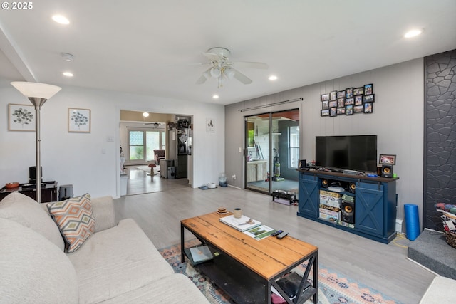 960 E Main St, Hillsboro, OR 97123 - living room with a ceiling fan, light wood finished floors, and recessed lighting