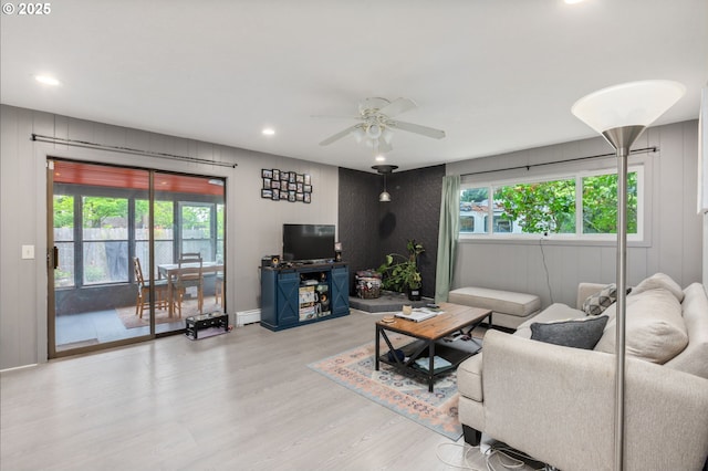 960 E Main St, Hillsboro, OR 97123 - living area featuring light wood-type flooring, a ceiling fan, baseboard heating, recessed lighting, and a decorative wall