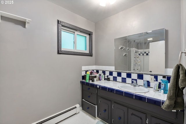960 E Main St, Hillsboro, OR 97123 - bathroom with a baseboard radiator, vanity, decorative backsplash, and a tile shower