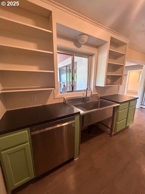 960 E Main St, Hillsboro, OR 97123 - kitchen with green cabinetry, dishwasher, open shelves, and dark countertops