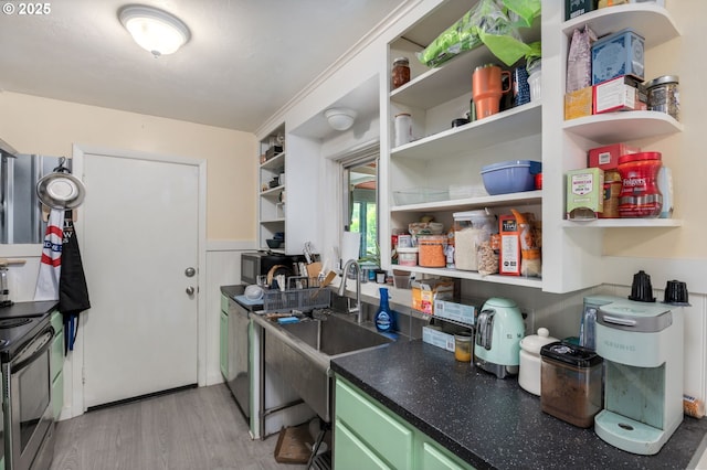 960 E Main St, Hillsboro, OR 97123 - kitchen featuring open shelves, stainless steel electric stove, light wood-style floors, and dark countertops