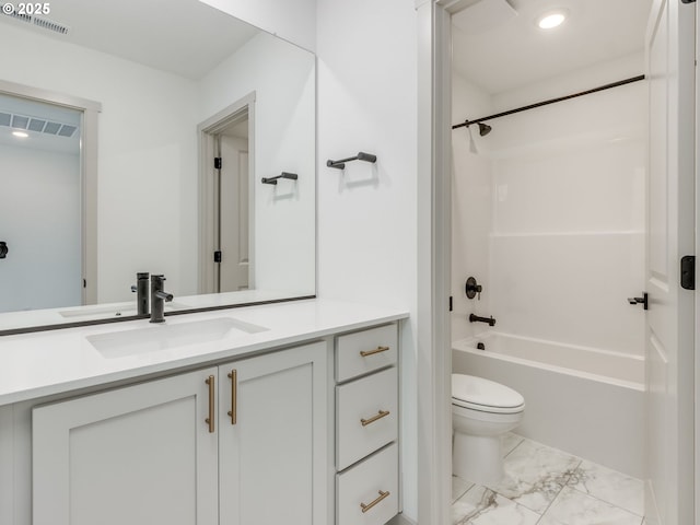 360 NW 29th Way, Battle Ground, WA 98604 - bathroom featuring vanity, toilet, washtub / shower combination, marble finish flooring, and recessed lighting